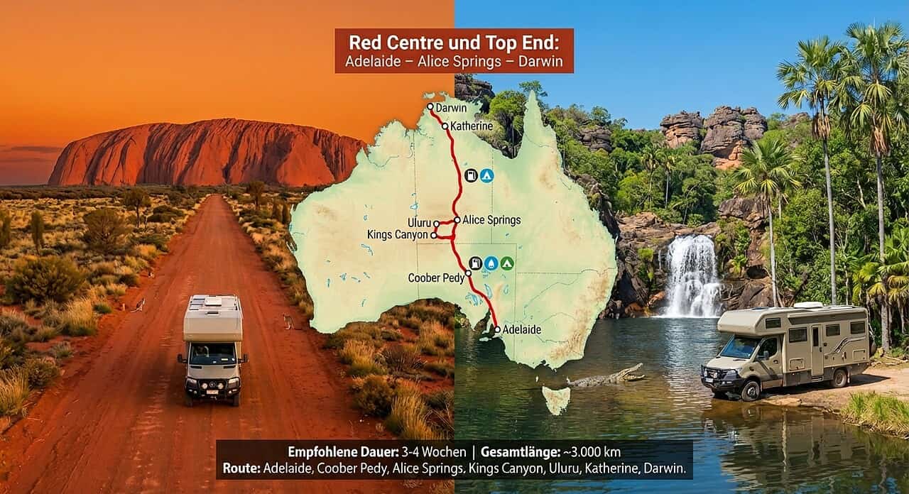 Camper nell'outback australiano con mappa e cascata sullo sfondo, aria condizionata e flessibilità sulla strada.