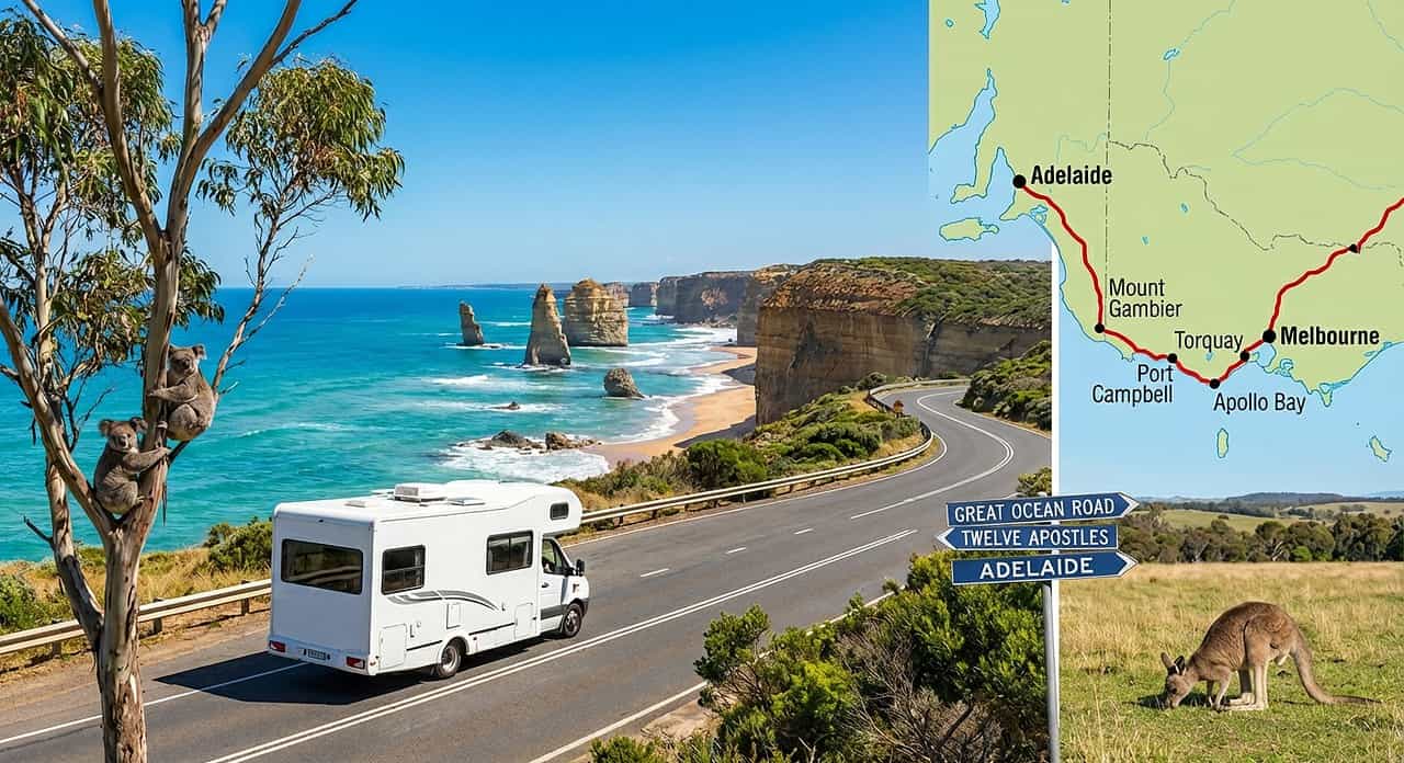 Camper su una strada costiera australiana con canguri, rocce e mare sullo sfondo.